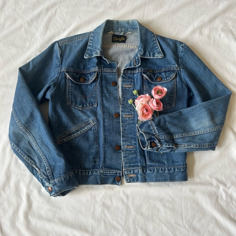 Wrangler Medium Blue Denim Jacket with Pink Floral Detail